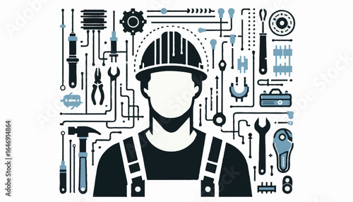 Flat Vector Illustration -  An electrical engineer with circuit diagrams, cables, and tools, no visible face, flat design, isolated on white background
