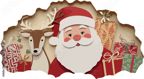 A charming Christmas card with Santa, reindeer, and gifts, perfect for holiday greetings.