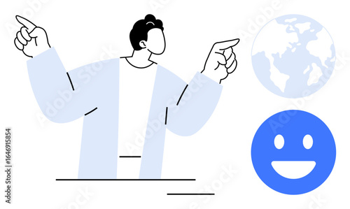 Person pointing in opposite directions, Earth globe, smiling face. Ideal for global interaction, optimism, teamwork, education, connectivity, positivity simple landing page