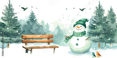 Watercolor Winter Scene with Snowman Bench Birds and Evergreen Trees