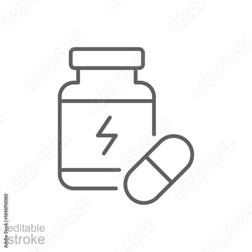 Sports nutrition icon. Simple outline style. Fitness supplement, Sport, container, gym, energy, training, healthy, workout, protein concept. Thin line symbol. Vector isolated design editable stroke