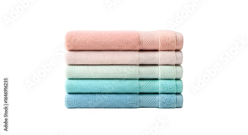 Stacked towels present pastel colors neatly on black background, showcasing soft texture and color gradient, with bath linen themes