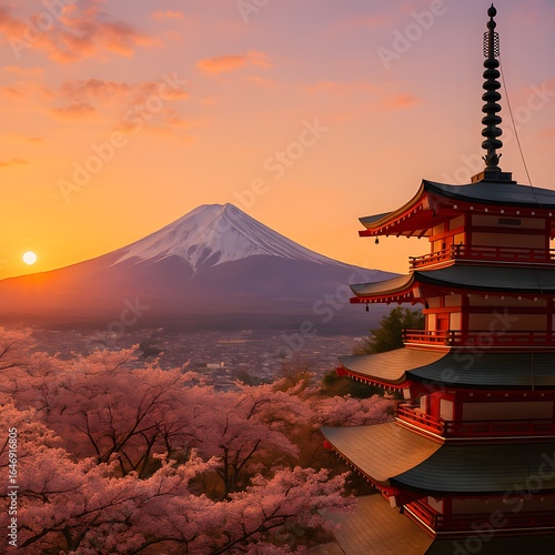 Iconic japanese pagoda bathed in warm sunset light with mount fuji and vibrant cherry blossoms creating a breathtaking cultural landscape