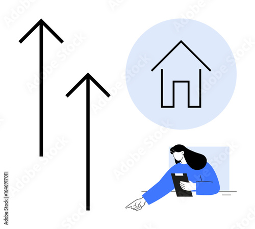 Two upward arrows, house graphic in blue circle, woman holding tablet pointing. Ideal for real estate, market trends, housing investment, economy, growth analysis, business planning simple landing