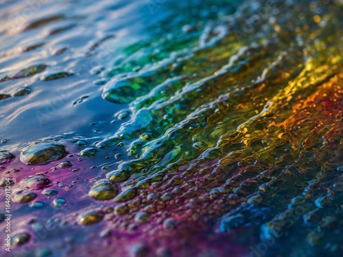 Close-up of Iridescent Oil Spill Patterns on Water Surface