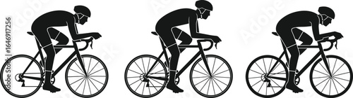 Cyclist silhouettes, road bike riders, aerodynamic position, racing posture, helmets, cycling gear, drop handlebars, thin tires, sport motion, vector illustration