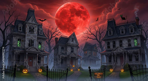 Spooky halloween scene with haunted houses, full moon, and pumpkins