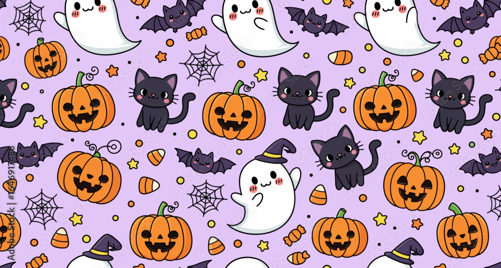 Fototapeta premium Halloween seamless pattern with ghosts, black cats, pumpkins, and candy on a purple background. best for Wrapping Paper or printing purpose.