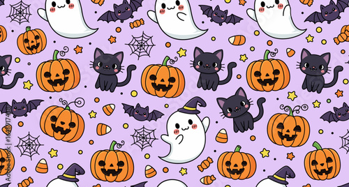 Halloween seamless pattern with ghosts, black cats, pumpkins, and candy on a purple background. best for Wrapping Paper or printing purpose.