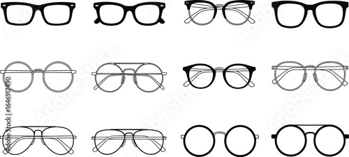 Eyeglass frame illustration, twelve styles, round and rectangular shapes, black and white design, fashion accessory, optical wear, vector layout, comparison chart