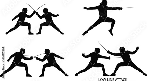 Fencing silhouettes, sword combat, crossed blades, lunging pose, low line attack, dynamic movement, sport technique, vector illustration, black graphic, martial stance