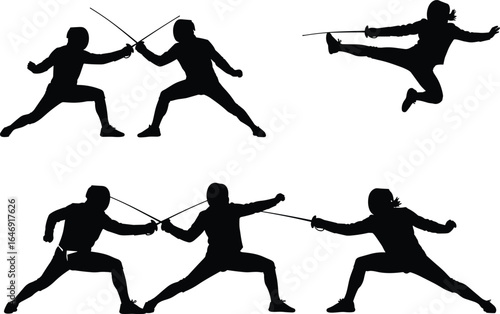 Fencing silhouettes, sword combat, sparring action, high kick pose, protective gear, dynamic movement, sport technique, vector illustration, black graphic, martial stance