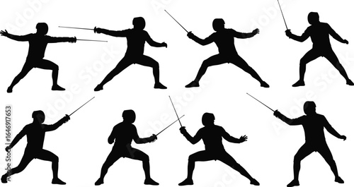 Fencing silhouettes, sword stances, combat action, fencing techniques, protective gear, extended swords, dynamic posture, sport movement, vector illustration, black graphic