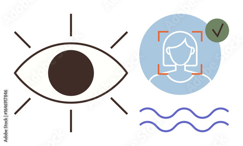 Large eye with focus lines, user facial recognition outline, confirmation check icon, and wavy lines. Ideal for technology, privacy, security, identification, artificial intelligence technical