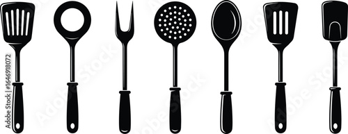 Kitchen utensil row illustration, slotted spatula, egg ring, carving fork, skimmer spoon, serving spoon, scraper, cooking tools, vector design
