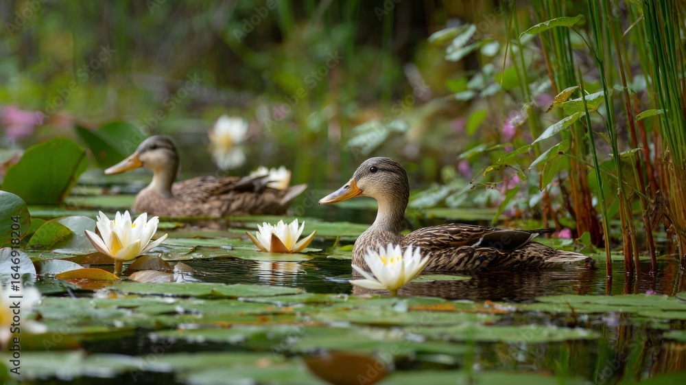 Fototapeta premium Two ducks glide through a tranquil pond surrounded by blooming lily pads and greenery.