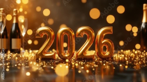 Happy New Year 2026 Celebration with Golden Balloons, Champagne and Bokeh Lights