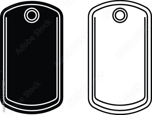 Minimalist dog tag illustration, black and white design, military style, blank template, metal accessory, identity tag, isolated object, clean layout