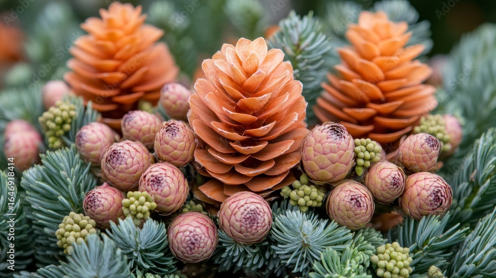 Fototapeta premium Pine Cones and Evergreen Branches with Natural Texture Background