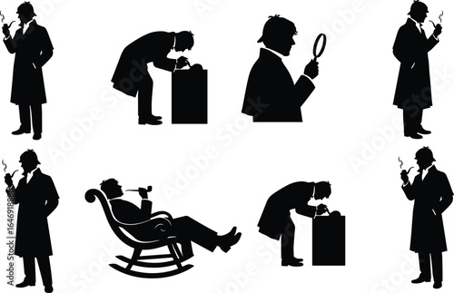 Silhouette of detective with pipe, magnifying glass, Sherlock Holmes style, mystery poses, black and white illustration, investigation, vintage, icon