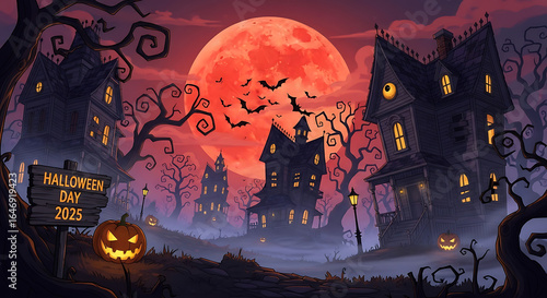 Halloween scene with haunted houses, full moon, and 'halloween day 2025' sign