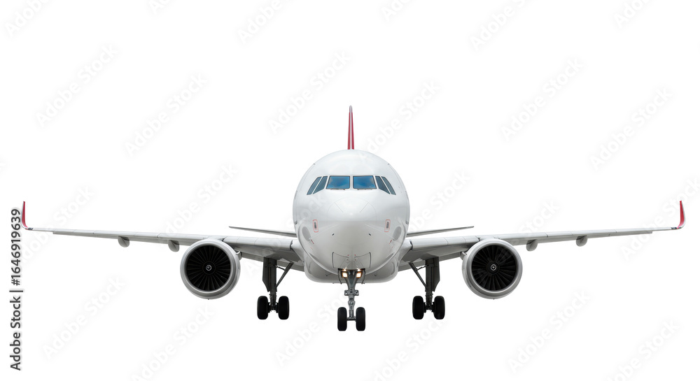 Fototapeta premium Sleek, modern white commercial jet with red tail accents, large engines, and extended landing gear, in a transparent studio background. Concept of global connectivity and advanced air travel