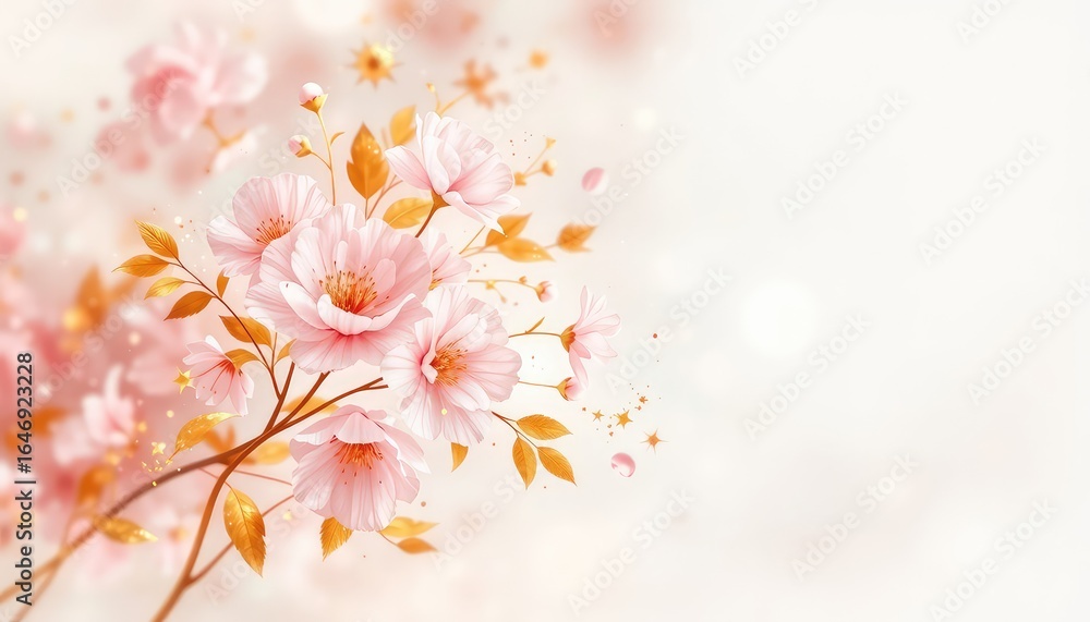 Fototapeta premium Delicate Pink Blossoms with Golden Leaves on a Soft White Gradient Background, Evoking a Feeling of Serenity and Tranquility