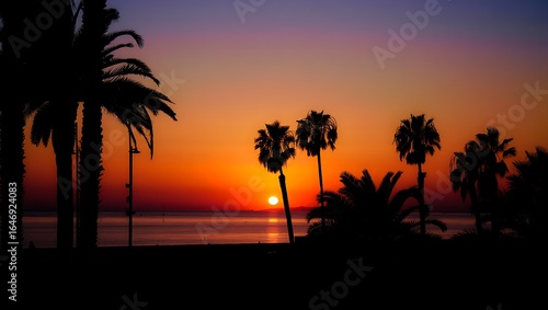 Tropical Sunset over Calm Ocean with Palm Tree Silhouettes and Vibrant Sky Scenery