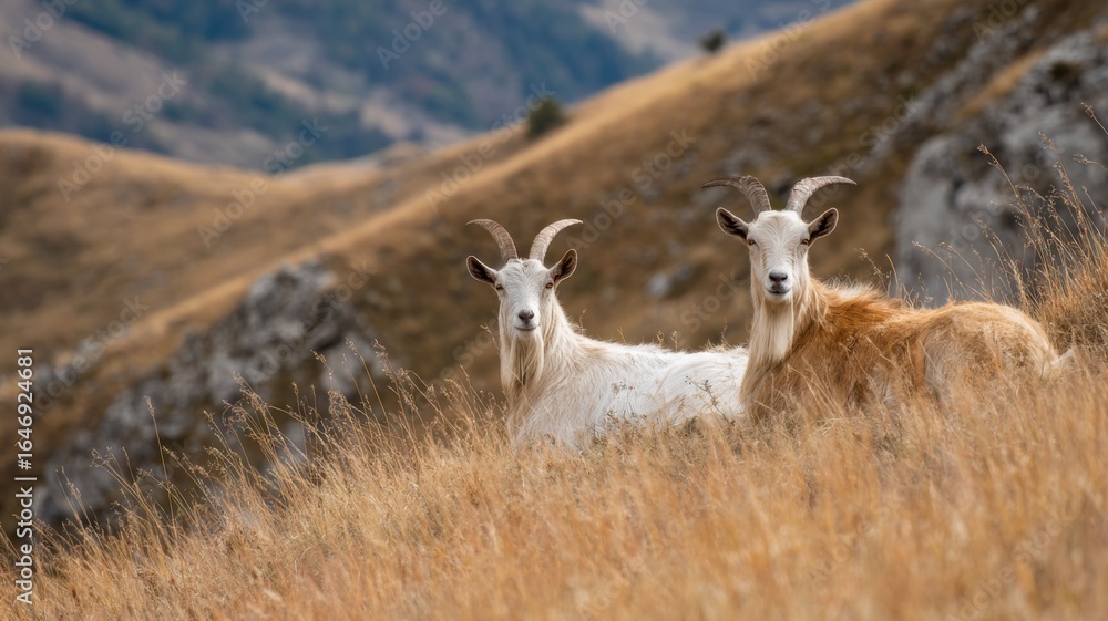 Obraz premium Two mountain goats relax in tall grass under sunlight on a warm summer day in the mountains.