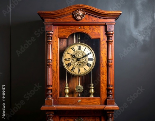 Antique wooden grandfather clock against dark background
