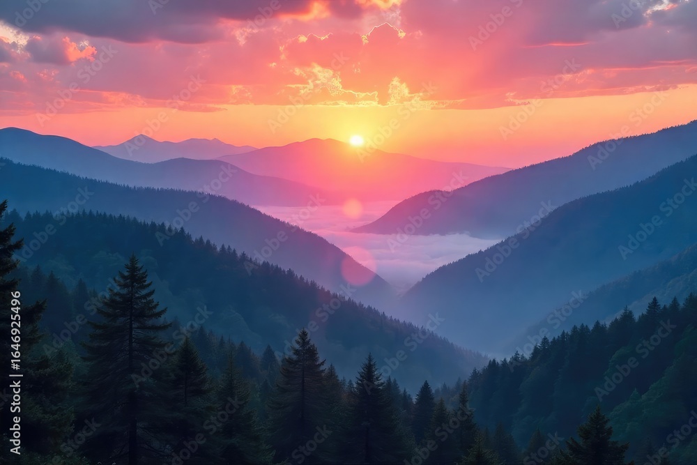 Obraz premium Serene sunrise over misty mountains, conveying a sense of peace and spiritual awakening Perfect for meditation, yoga, or mindfulness themes , calm, Islam, Christianity