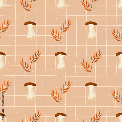 Hand-drawn vector seamless pattern autumn composition with mushrooms, leaves, and thanksgiving elements. Perfect for Halloween, Thanksgiving, seasonal textiles and childrens products