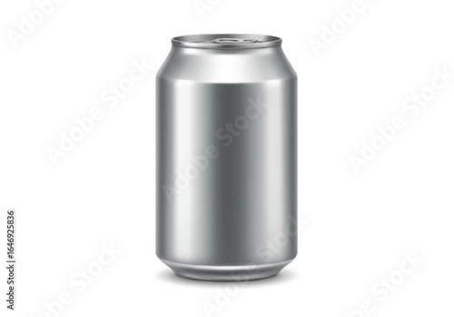 A cylindrical gray aluminum soda or beer can stands on a white background casting a subtle shadow
