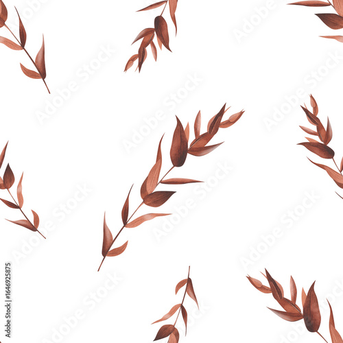 Eucalyptus twig in brown color seamless pattern watercolor illustration. Autumn textile ornament of withered leaves in monochrome terracotta color