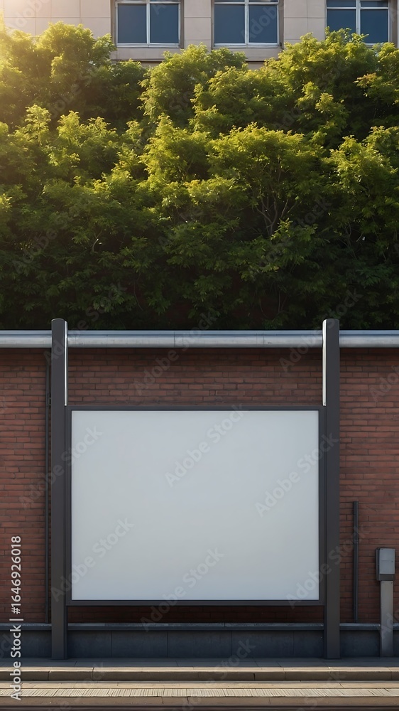 Fototapeta premium A blank billboard stands in front of a brick wall, with trees and a building in the background.