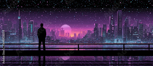 SILUETA SOLITARIA ANTE UNA CIUDAD FUTURISTA NOCTURNA