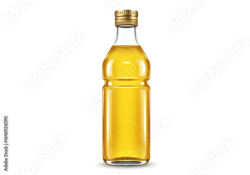 A glass bottle with a gold cap is filled with clear golden liquid
