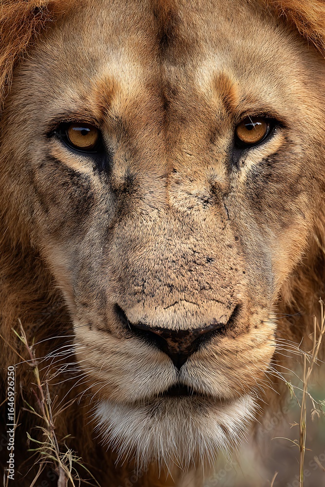 Fototapeta premium Close-up portrait of a lion's face.