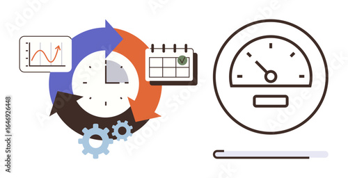Clock with arrows, calendar checkmark, gears, performance graph, and speedometer communicate productivity, planning, and efficiency. Ideal for scheduling, productivity performance goal-setting