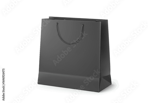A gray shopping bag stands upright featuring handle cords and visible folds on its side