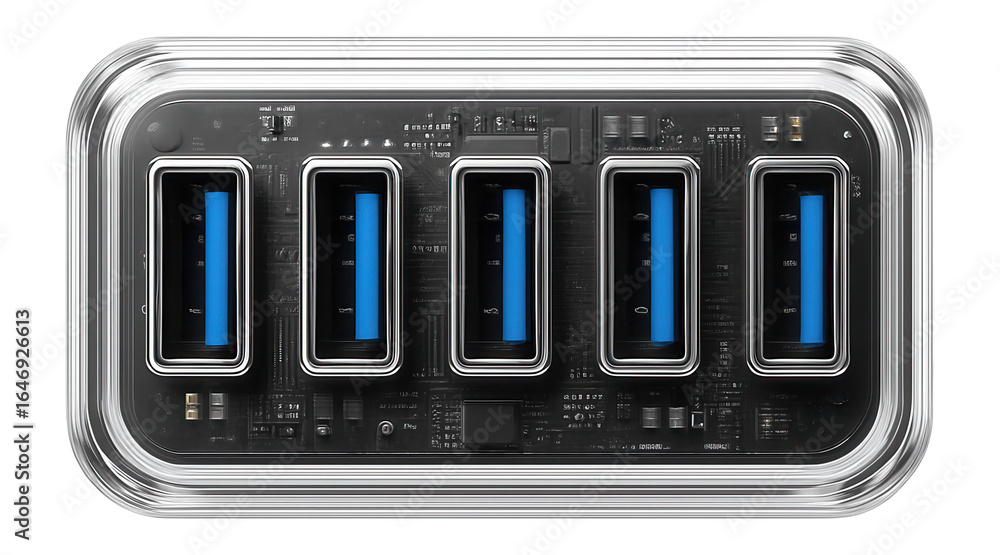 Obraz premium Transparent USB hub showcasing internal circuitry with four USB-A ports for device expansion