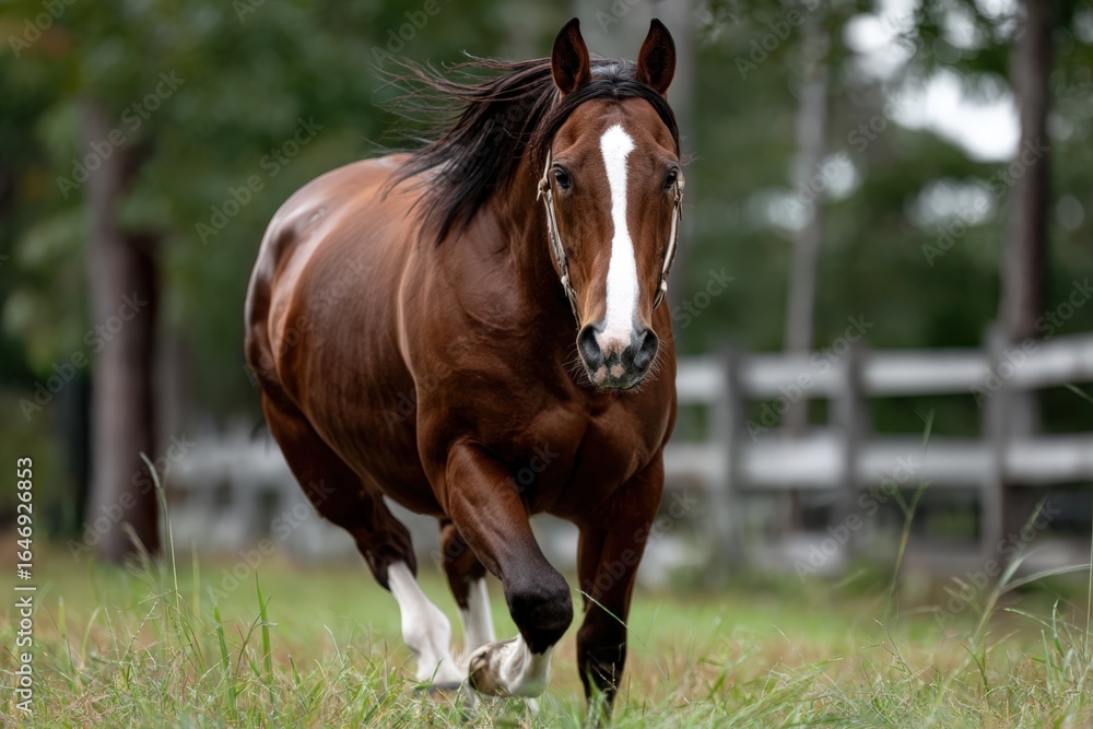 Obraz premium A brown horse with a white face spot is running in a field