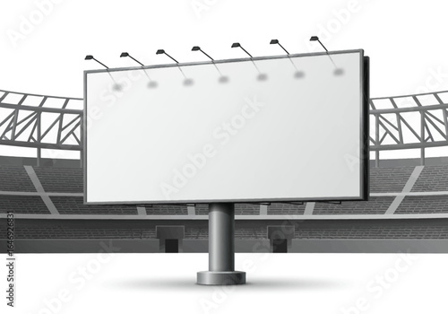 A large blank billboard stands tall in a stadium illuminated by lights above