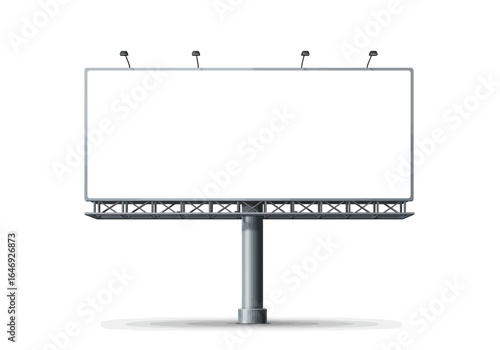 A large blank billboard with a gray metal frame  support structure stands on a white background with a subtle gray shadow