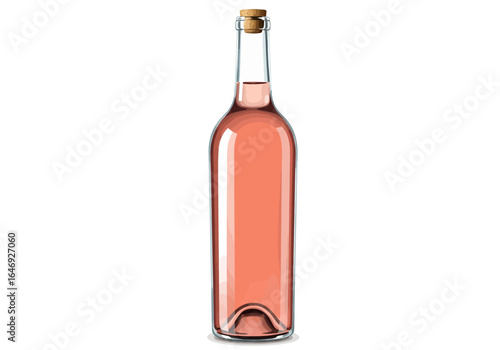 A pink liquidfilled glass bottle with a brown cork stopper stands on a white surface