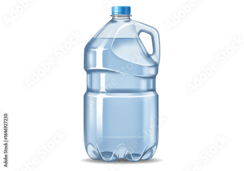 A plastic gallon water bottle with a blue cap sits upright on a white background