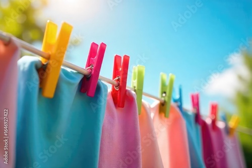 Vibrant colored clothes pegs clipped to a taut clothesline, laundry gently swaying in a summer breeze Perfect for themes of spring cleaning, homemaking, and outdoor living , day, sun