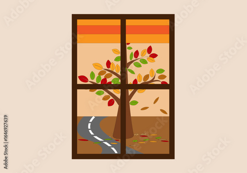Ventana con vistas a paisaje otoñal de carretera y árbol