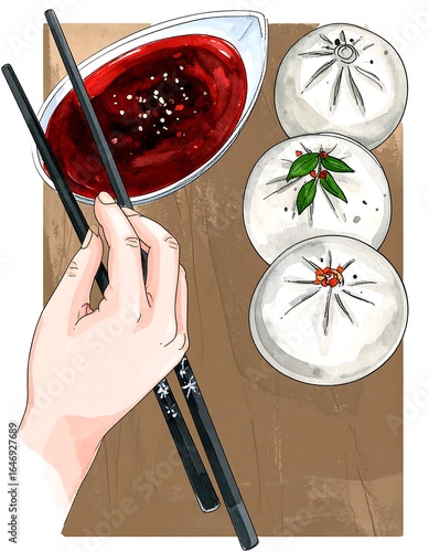 Overhead view of hand using chopsticks to eat three steamed buns and a small bowl of red sauce