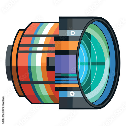 Photo of closeup view of a camera lens with colorful stripes and intricate internal components, isolated on white background